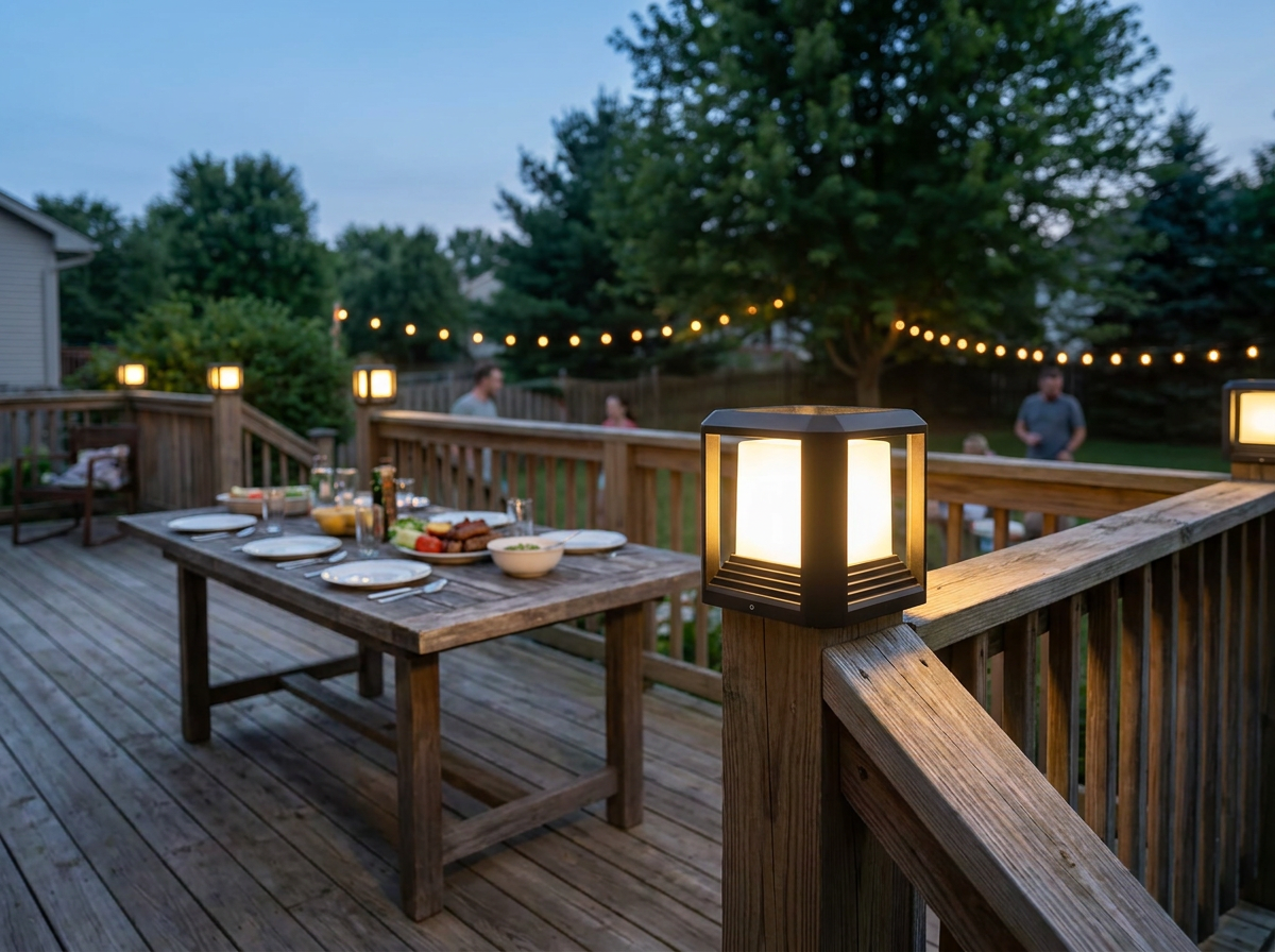 PLUSLED 20W modern black LED post light on a wooden deck railing corner, summer evening cookout setup, warm 3000K ambient lighting