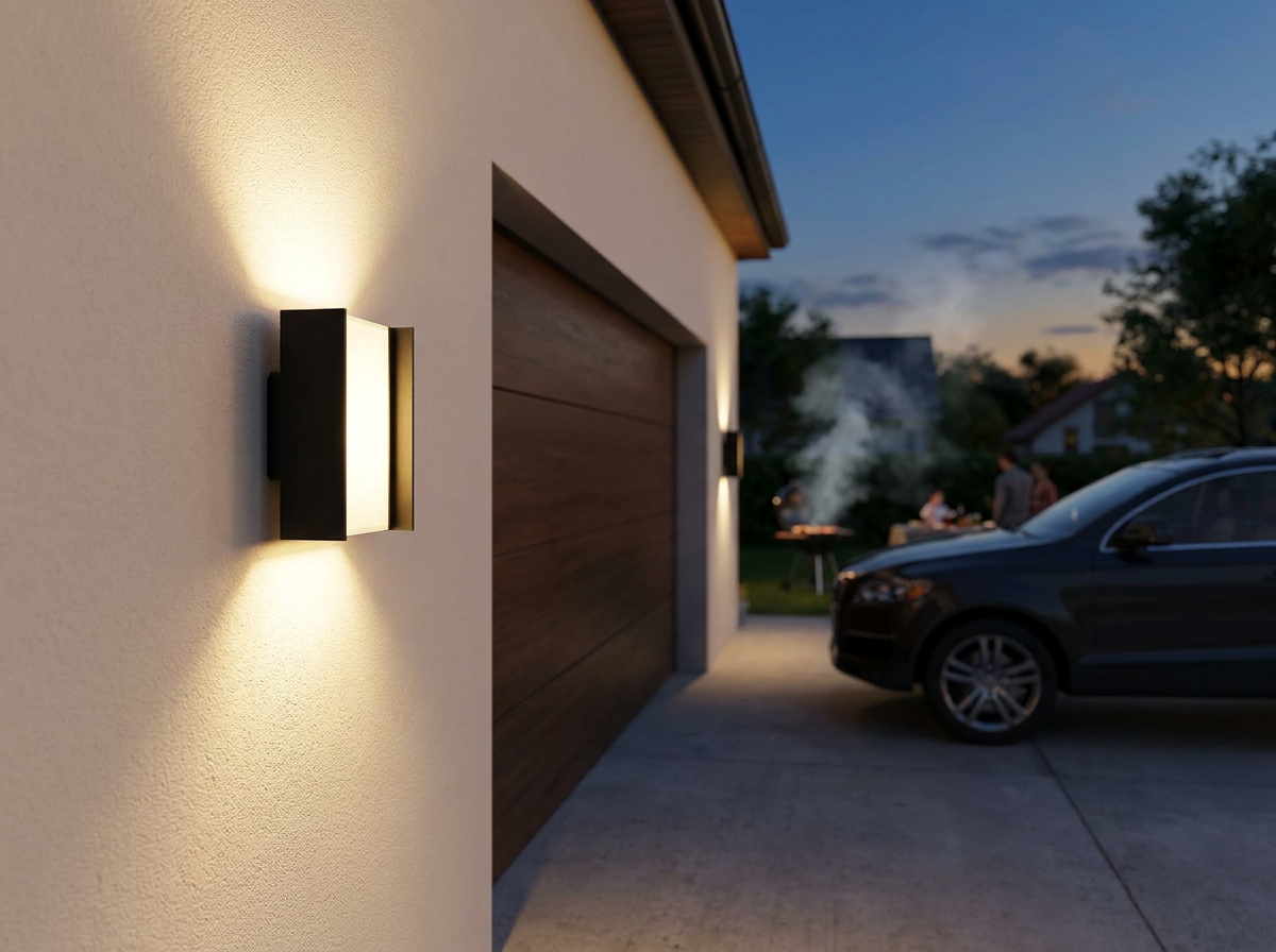 PLUSLED matte black 20W up-down LED wall sconce installed beside a garage door on a modern American suburban home for July 4th
