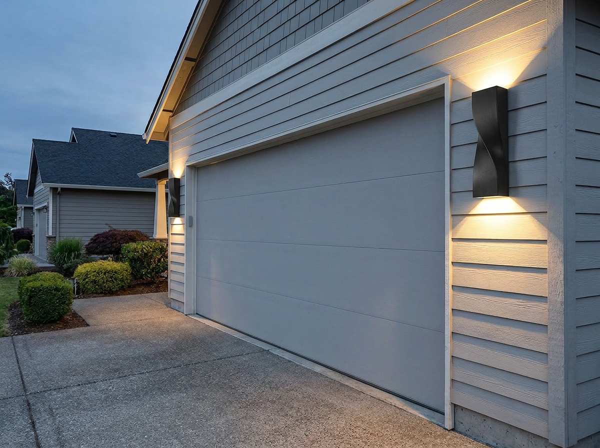 PLUSLED 15.75 inch black S-shape outdoor wall sconce on an American garage exterior wall in summer 2026