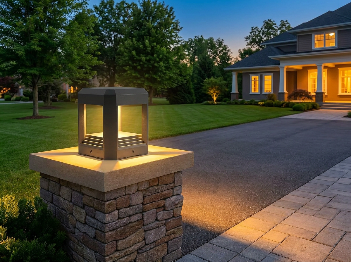 PLUSLED 5.94 inch modern LED column post light at a modern American driveway entrance during summer evening
