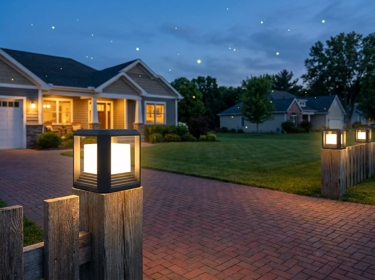 Row of PLUSLED 9.88-inch modern black LED pillar post lights lining an American suburban driveway and fence at summer dusk