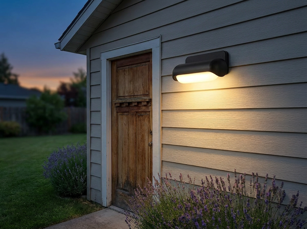 PLUSLED 13W modern outdoor LED wall sconce mounted on the exterior garage wall of an American suburban home with summer twilight glow