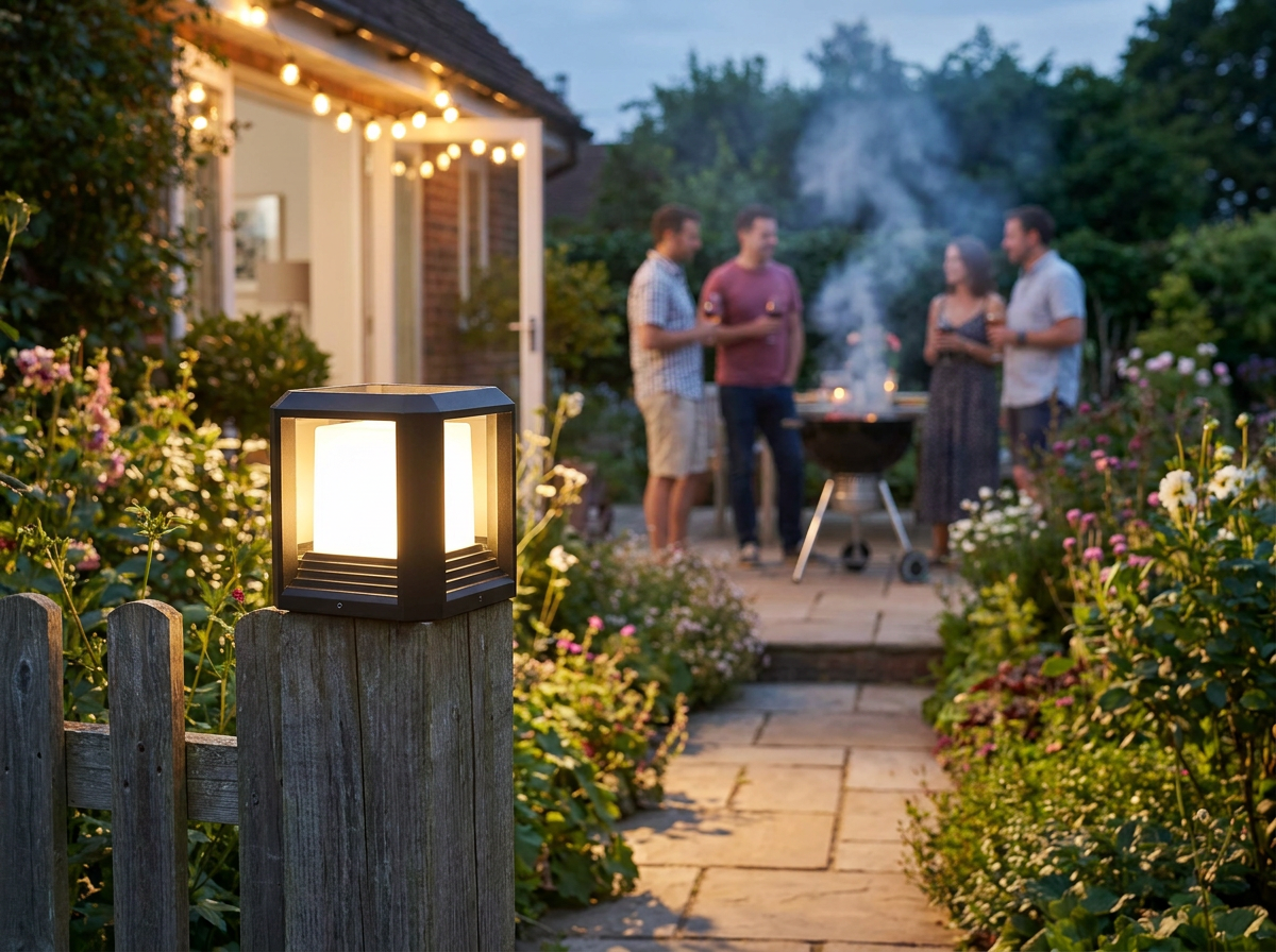 PLUSLED 20W black LED outdoor column lamp lighting a backyard summer BBQ pathway