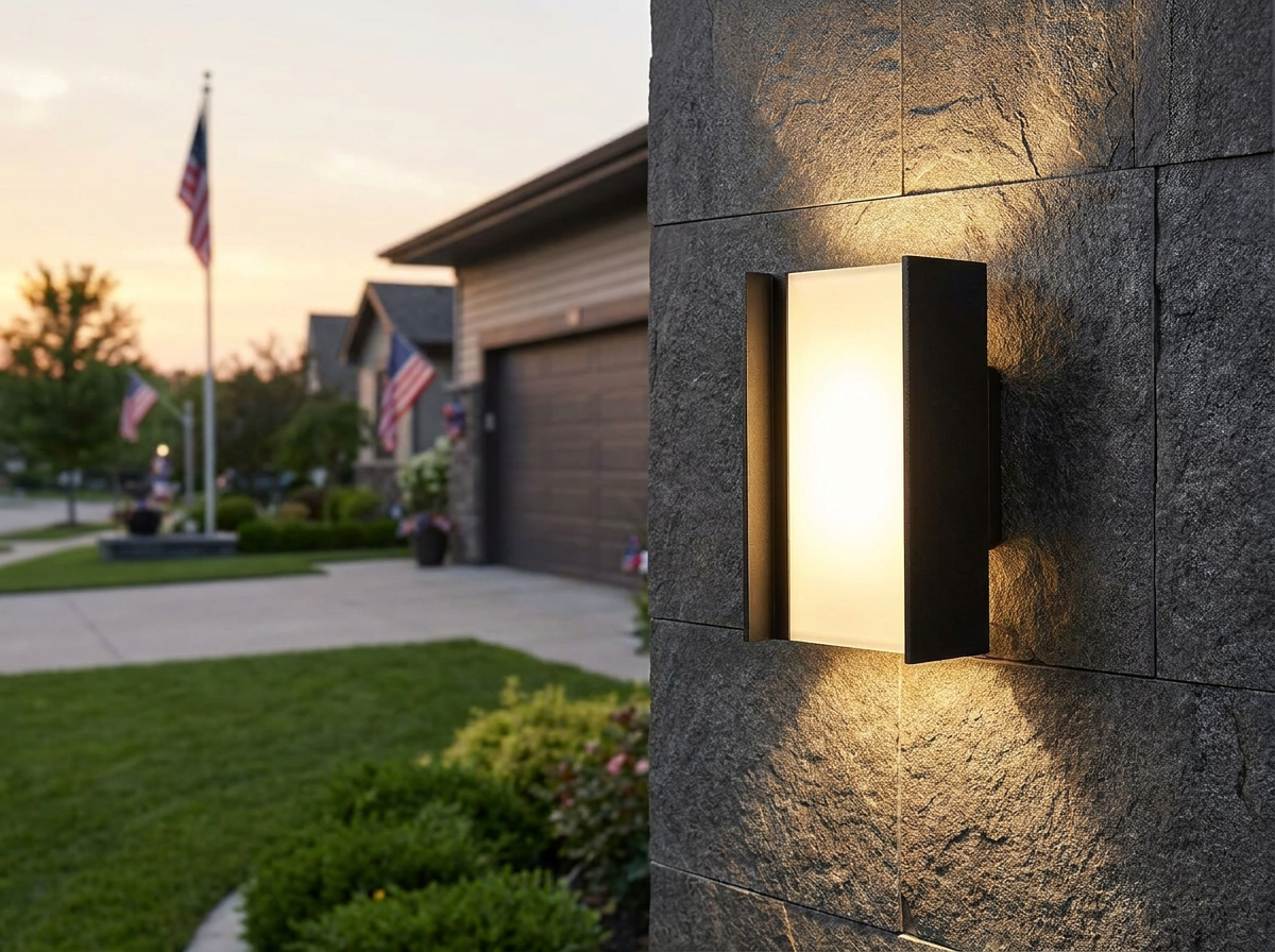 PLUSLED 20W up-down outdoor wall sconce on a stone-clad American garage at July 4th summer twilight
