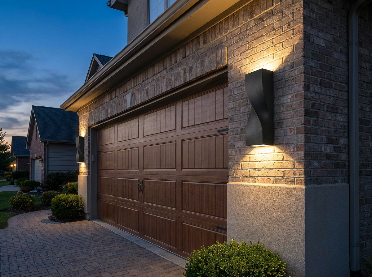 PLUSLED 15.75-inch black S-shape LED wall sconce mounted beside garage on a suburban American home at twilight