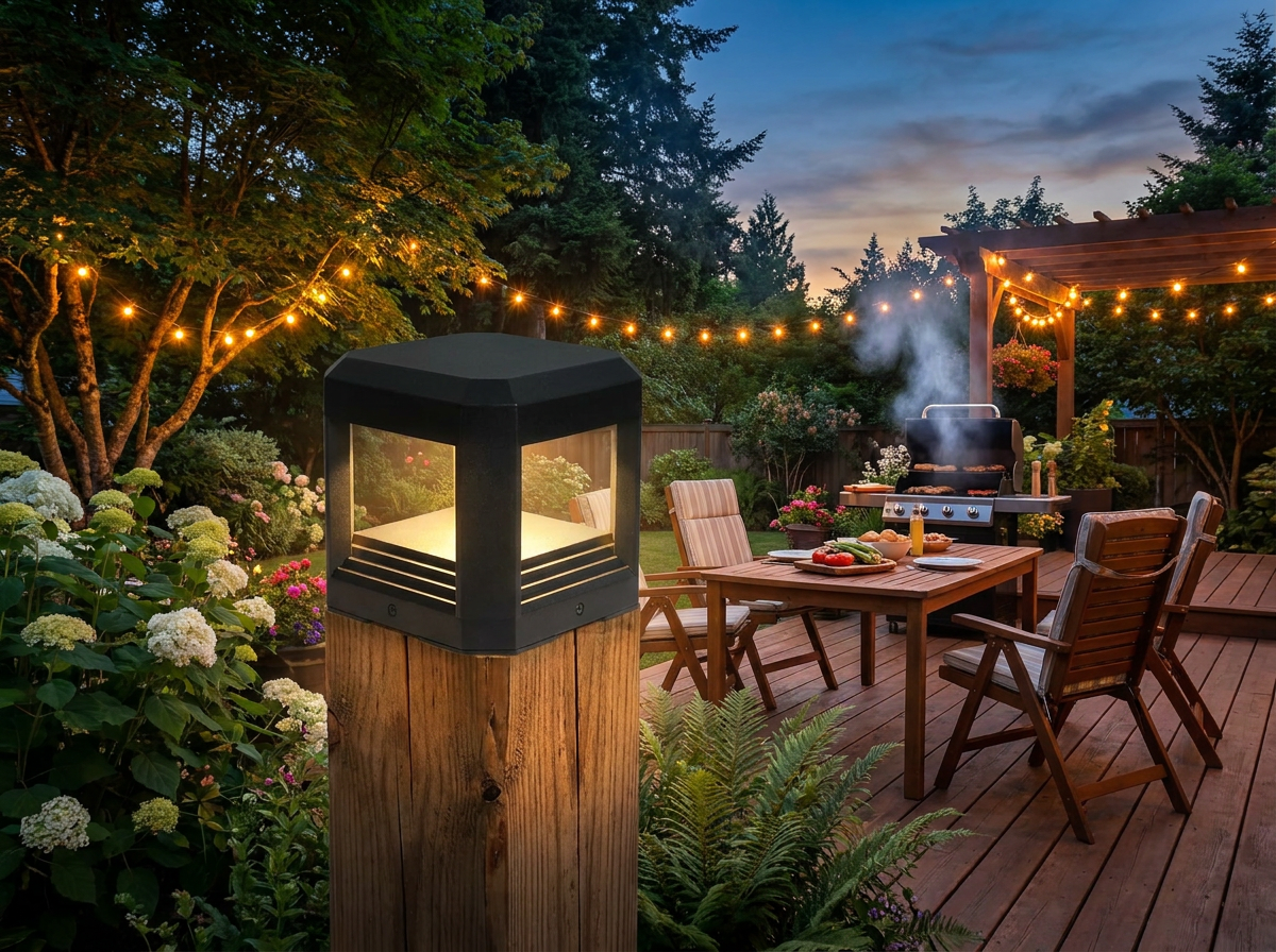 PLUSLED 5.94 inch column post light mounted on a wooden deck post during a summer evening BBQ