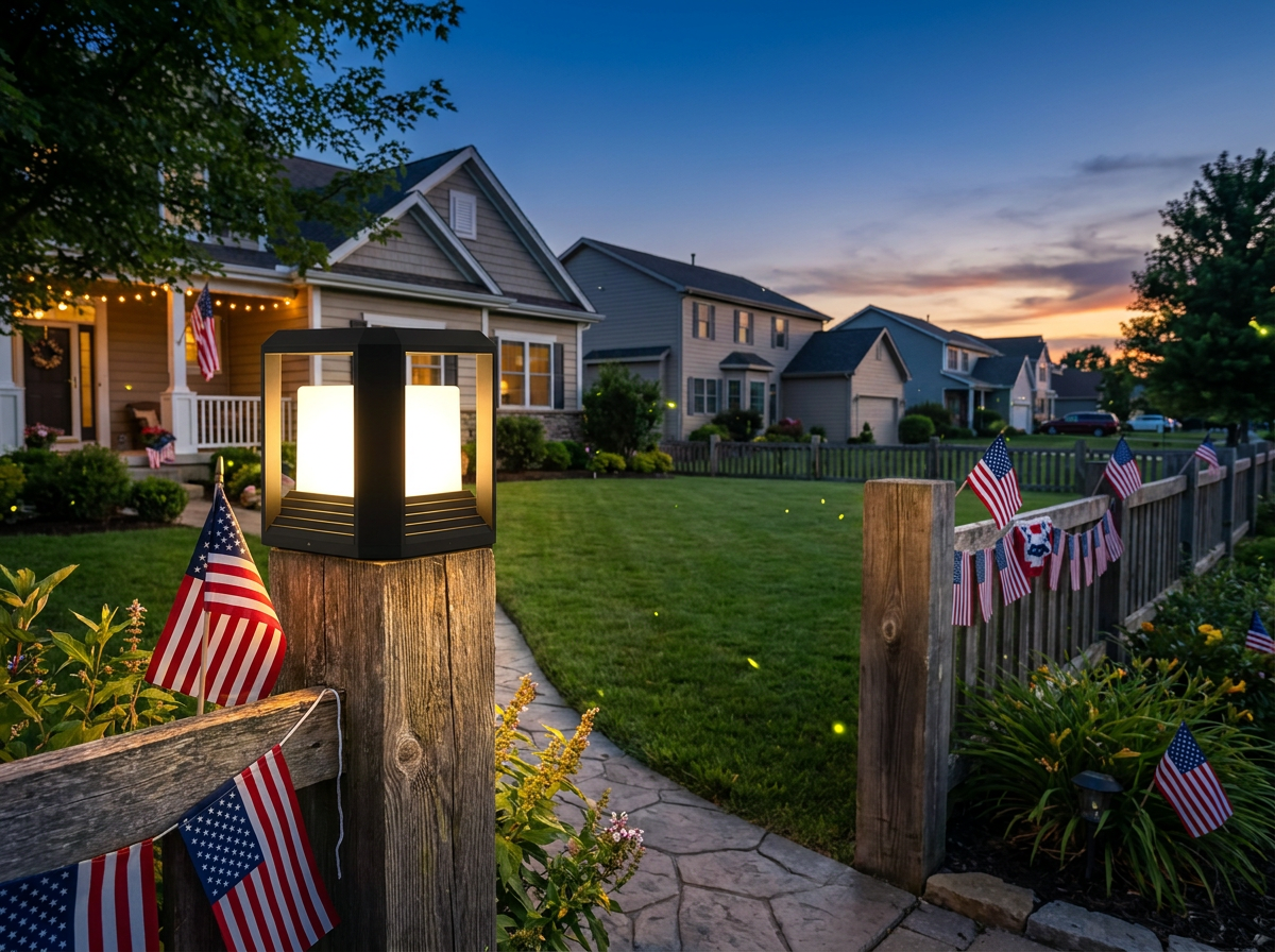 PLUSLED outdoor LED post light on a fence post lining a garden pathway in summer twilight