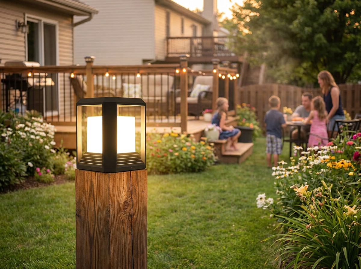PLUSLED 20W 3000K modern black outdoor post light on a wooden 6x6 fence post in a cozy American backyard garden at summer evening