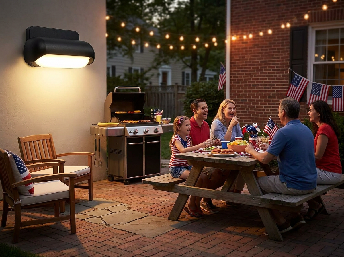 PLUSLED 13W modern outdoor wall sconce on a backyard patio wall during a 4th of July BBQ evening with string lights