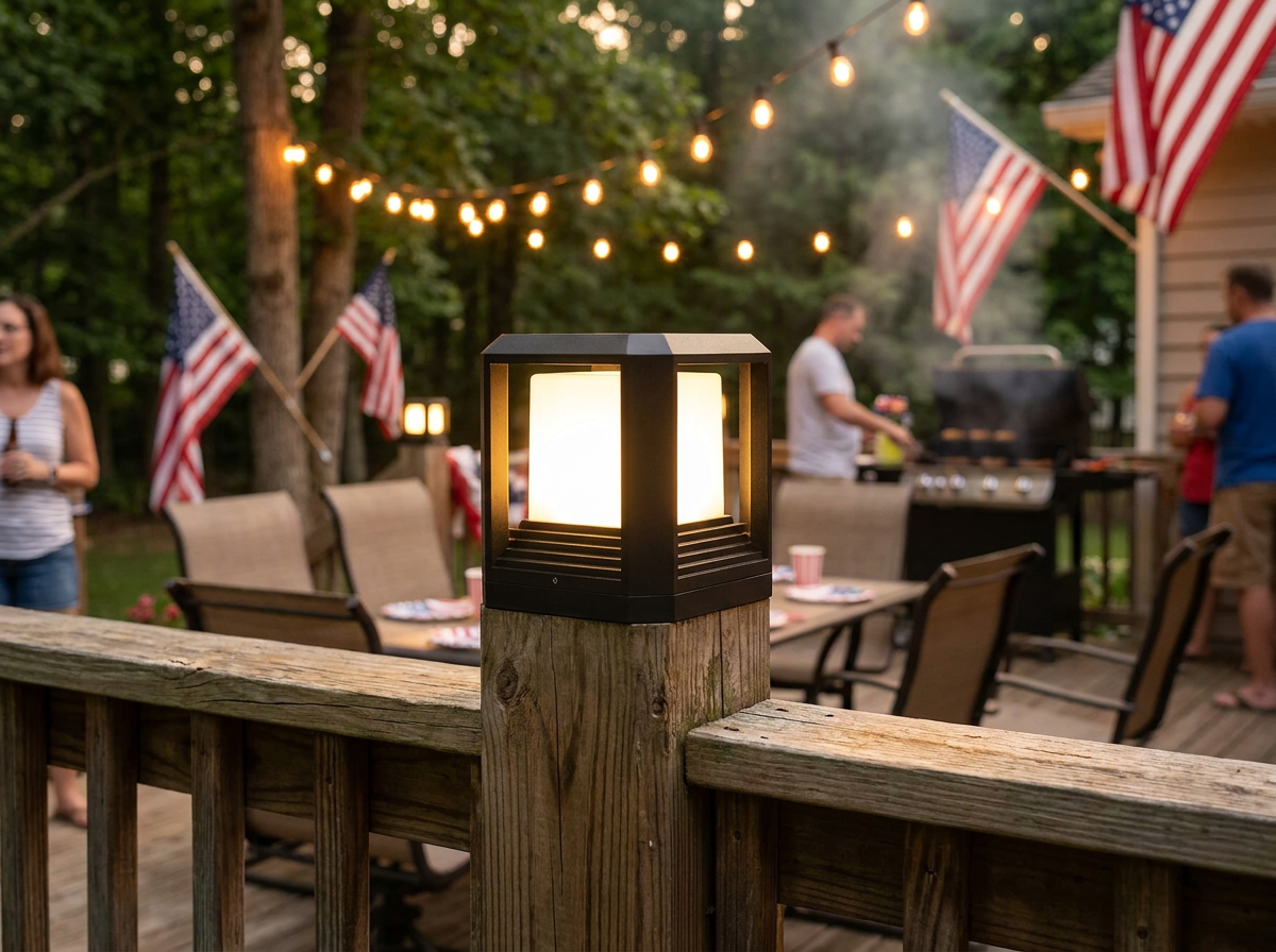 PLUSLED 20W LED column post light mounted on a deck railing with a July 4th American backyard BBQ in the background