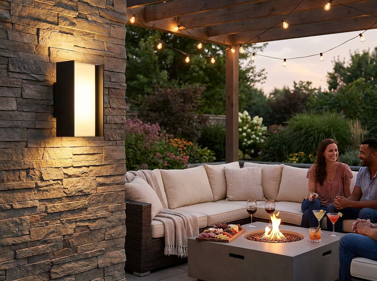 PLUSLED matte black up-down LED wall sconce mounted on covered backyard patio wall during summer entertaining