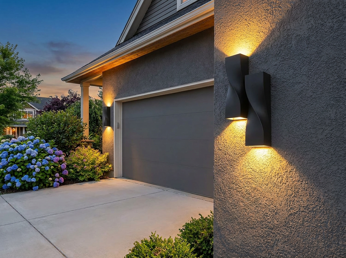 PLUSLED 15.75 inch S-shape modern wall sconce installed on the exterior of an American garage at summer twilight