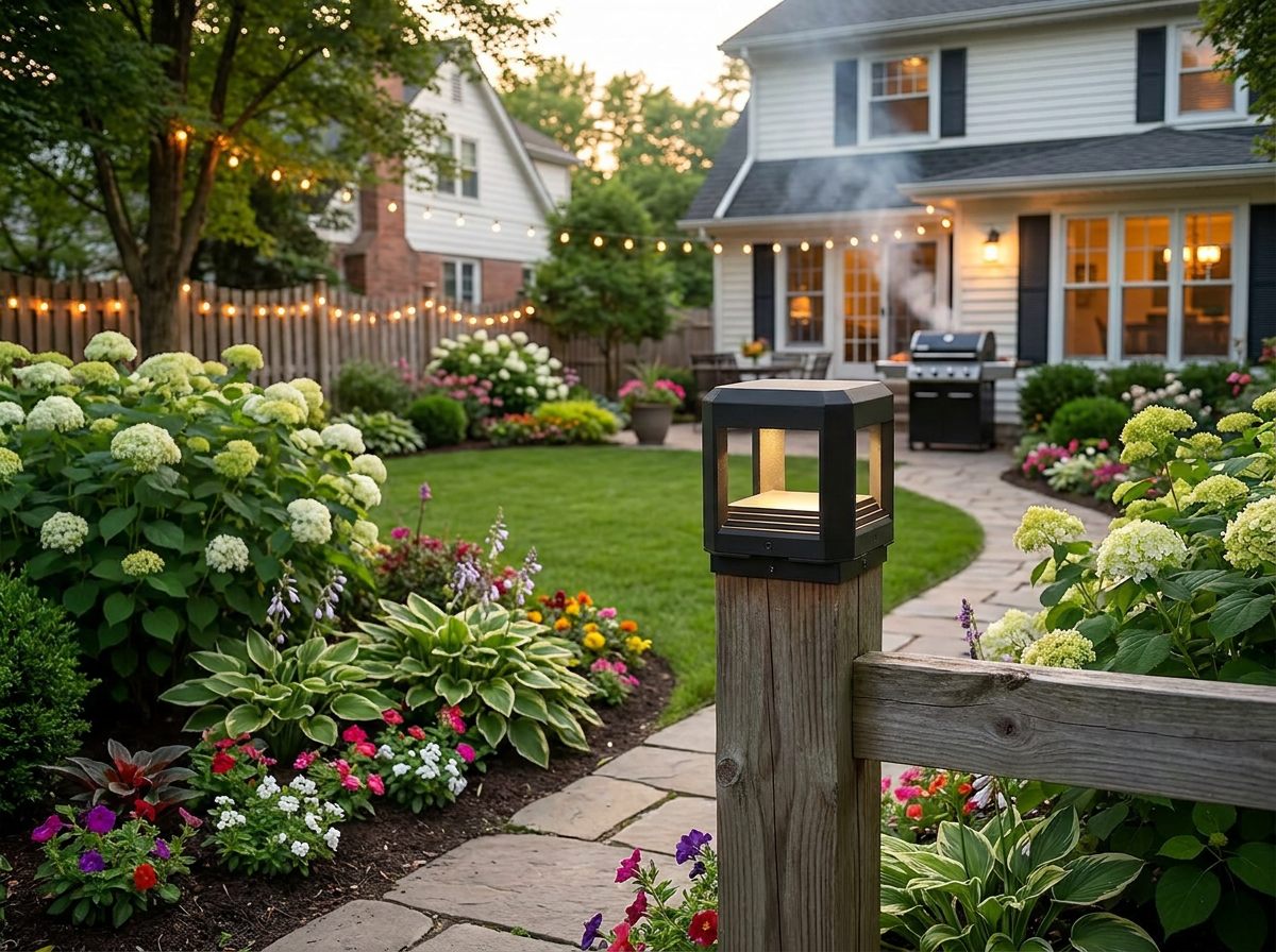 PLUSLED 5.94 inch column post light mounted on a 6x6 wooden fence post in a summer garden walkway