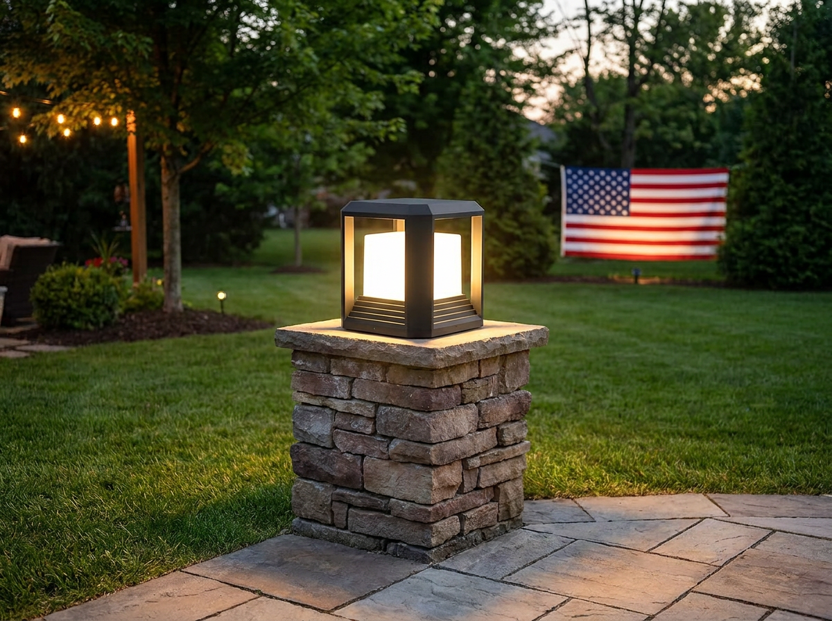 PLUSLED 9.88-inch hardwired LED post light on stone garden pillar with American flag in background on July 4th evening
