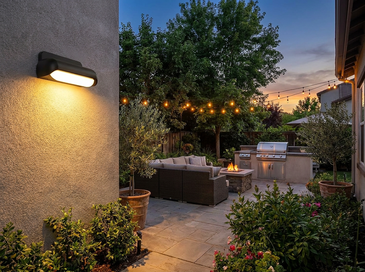 Modern PLUSLED 13W wall sconce mounted on a summer 2026 American patio with stone pavers and outdoor furniture