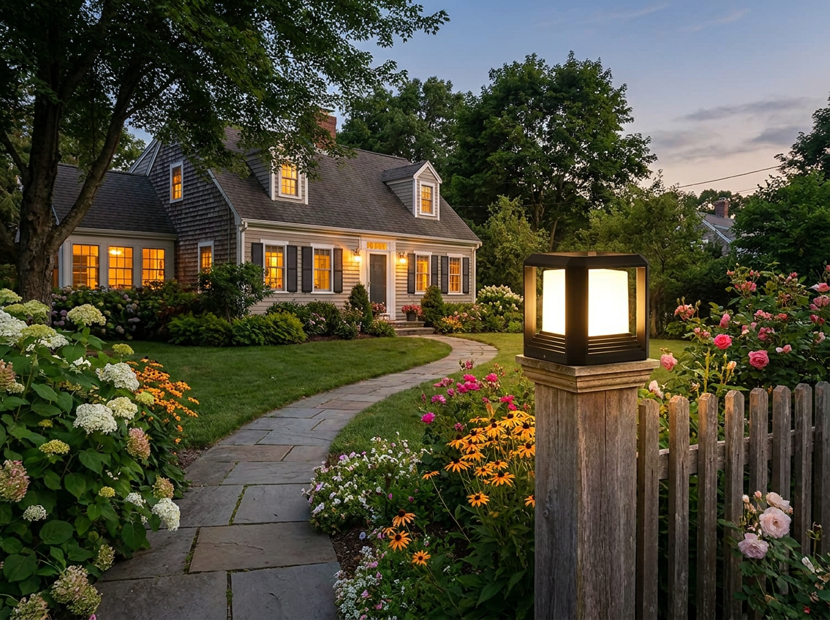 PLUSLED modern black outdoor column post light on a wooden fence pillar lining a summer American garden path