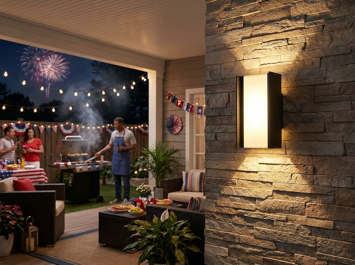 PLUSLED matte black up-down LED wall sconce mounted on a backyard patio wall during a summer 2026 cookout