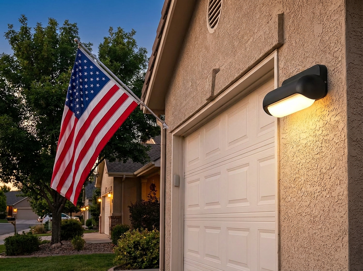 PLUSLED 13W outdoor wall sconce on stucco wall beside garage with American flag for July 4th 2026