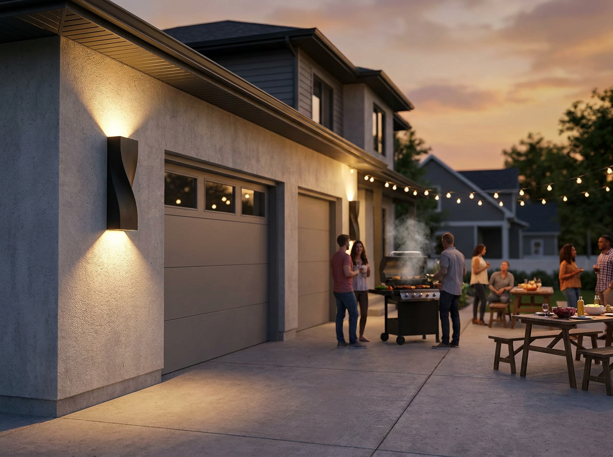 PLUSLED 15.75 inch S-shape outdoor wall sconce mounted on a garage wall during a late summer American backyard BBQ