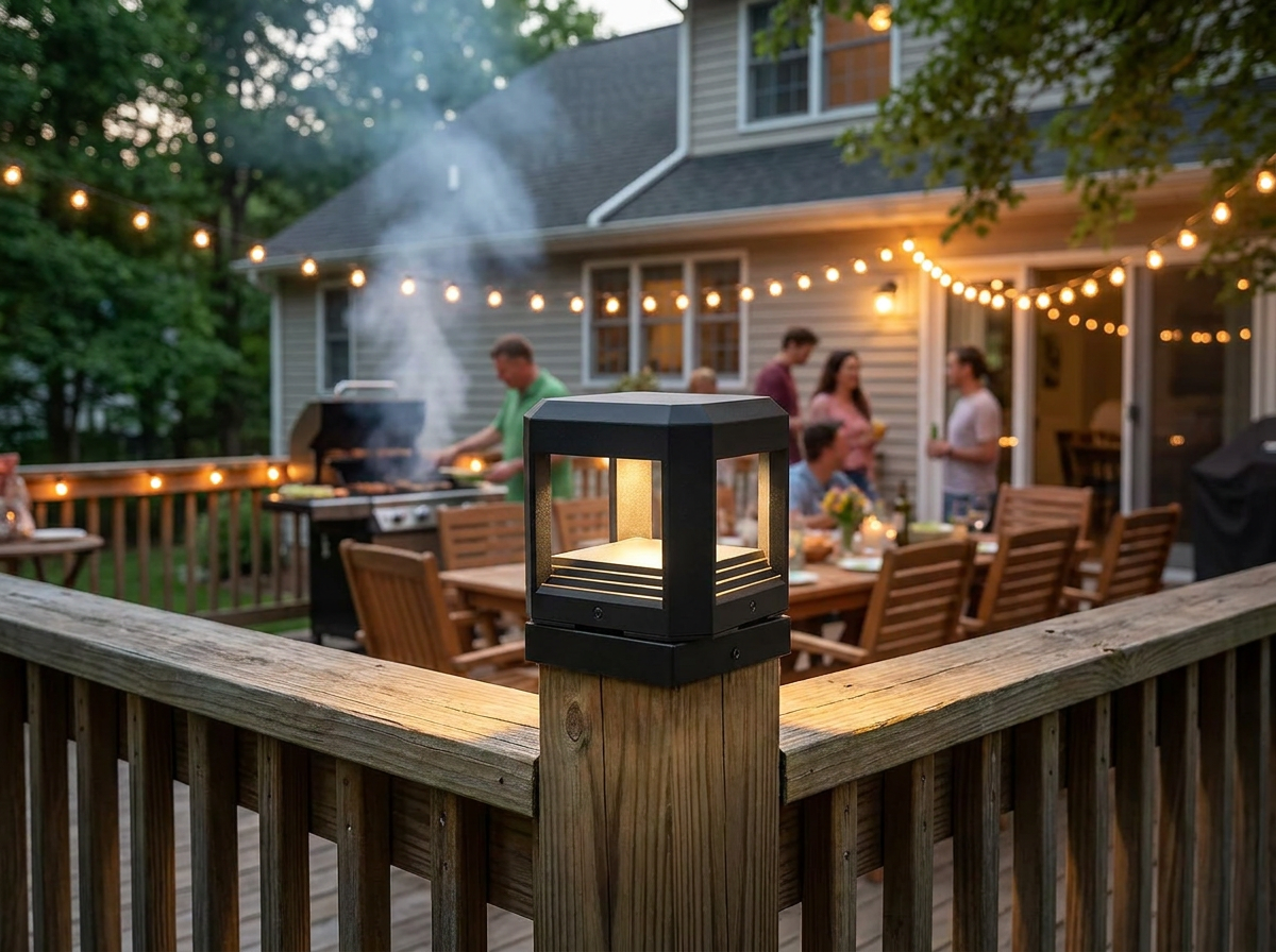 PLUSLED 5.94 inch LED column post light on a wooden deck fence post during a summer evening BBQ