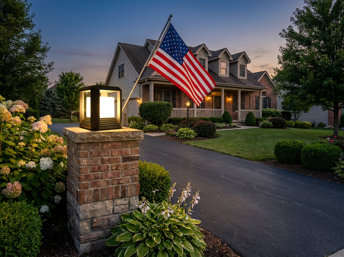 PLUSLED 9.88-inch modern black LED pillar post light installed on a brick driveway column at dusk for July 4th 2026 curb appeal