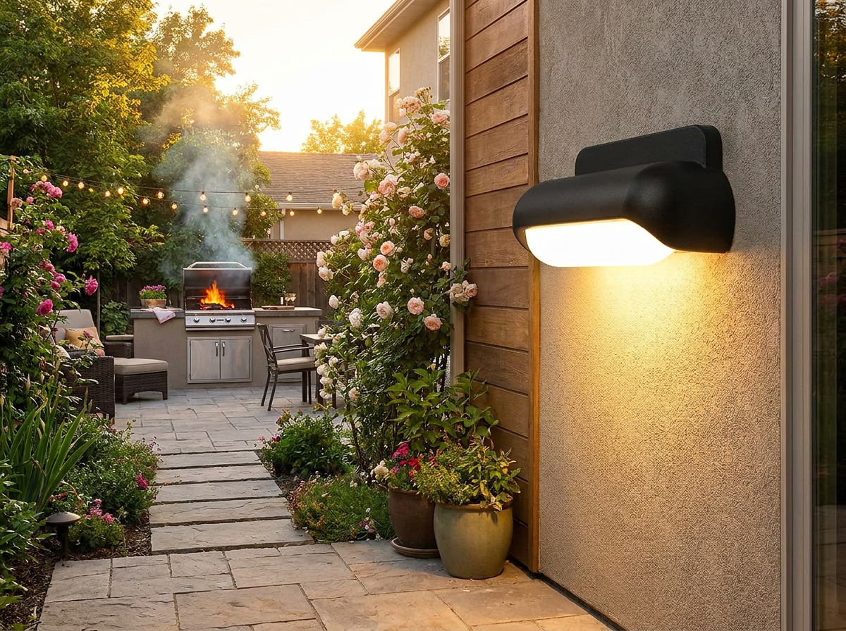 PLUSLED 13W Modern Wall Sconce on back patio wall during summer 2026 backyard BBQ
