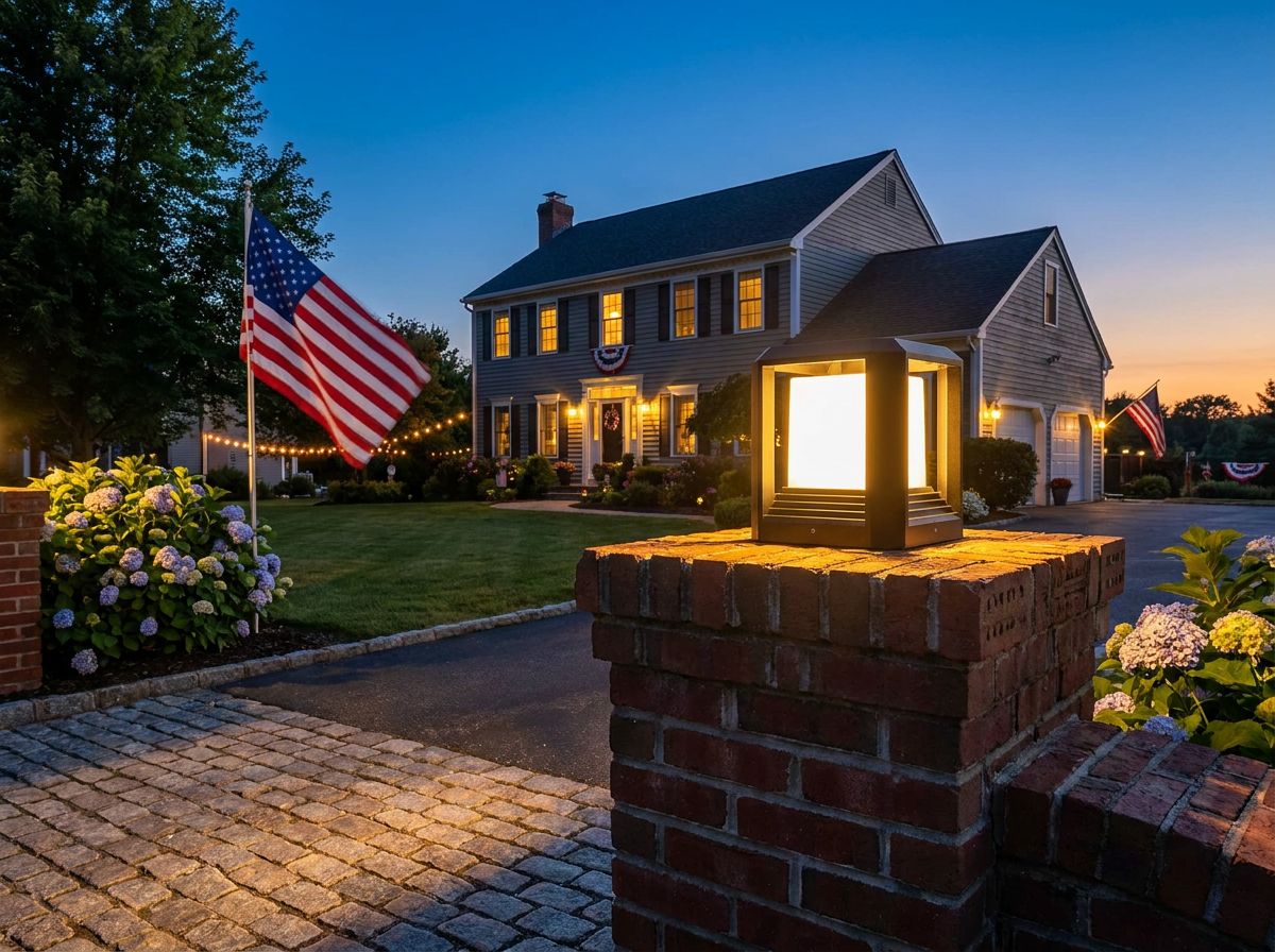 PLUSLED 20W modern black LED outdoor post light on brick driveway pillar at twilight