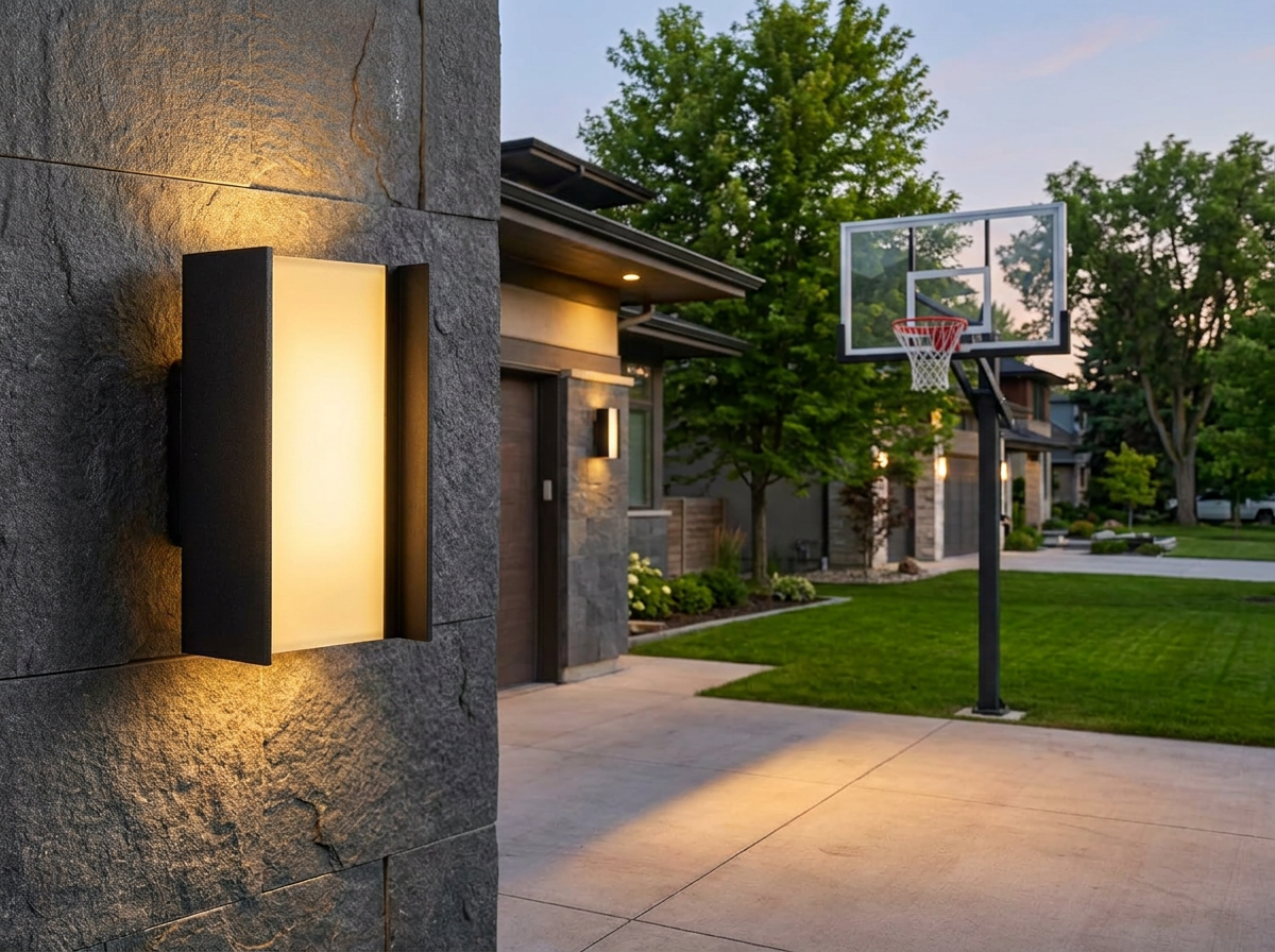 PLUSLED 20W Matte Black Up-Down LED Wall Sconce mounted on a modern American garage exterior at summer evening