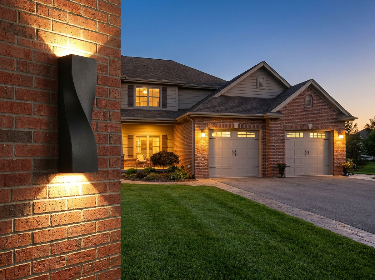 PLUSLED 15.75 inch S-shape outdoor wall sconce mounted on a brick garage wall of an American suburban home in the evening