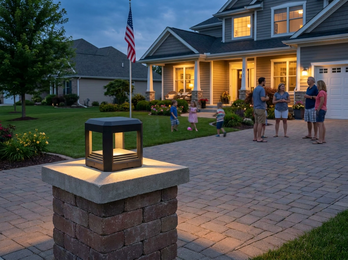 PLUSLED 5.94 inch outdoor post light on brick driveway pillar with American flag in summer evening