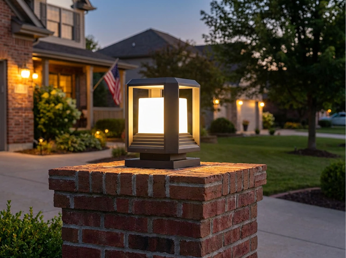 PLUSLED 9.88 inch 20W LED column post light on a brick driveway pillar of a modern American suburban home before July 4 2026