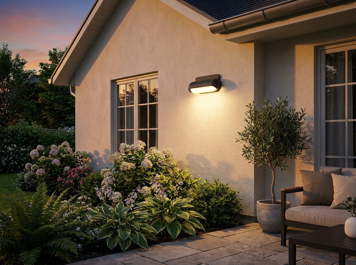 PLUSLED modern outdoor wall sconce installed on a backyard patio wall during summer 2026 evening, warm 3000K LED glow