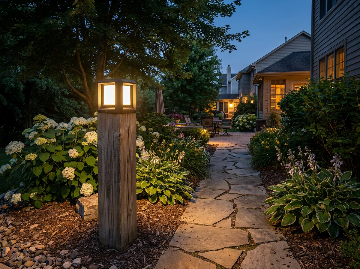 PLUSLED 20W black outdoor post light glowing 3000K on a wooden post in a summer garden path