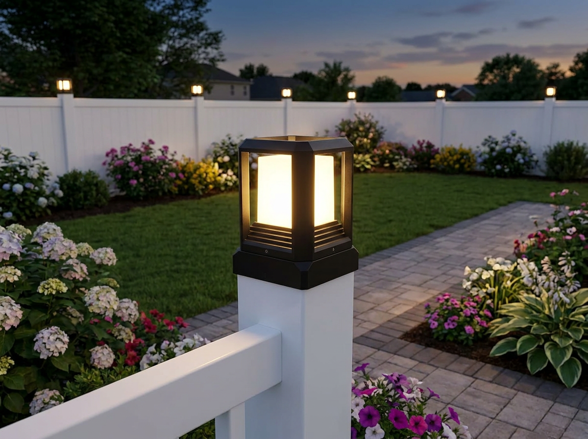 PLUSLED outdoor post light topping a vinyl fence post lining a paver garden path at twilight in a manicured American backyard