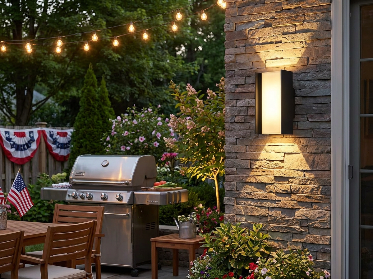 PLUSLED up-down matte black LED outdoor wall sconce installed on an American backyard patio wall with summer evening lighting