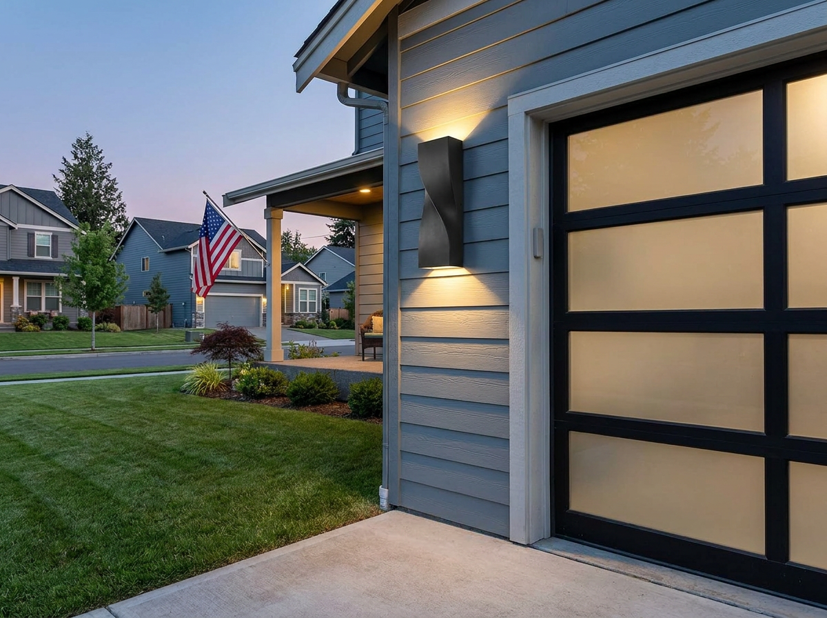 PLUSLED oversized matte black S-shape modern wall sconce installed beside an American garage door on a summer evening