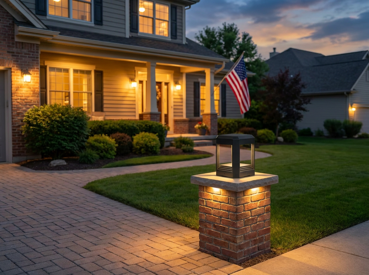PLUSLED modern column LED post light on a brick driveway pillar with American flag in summer