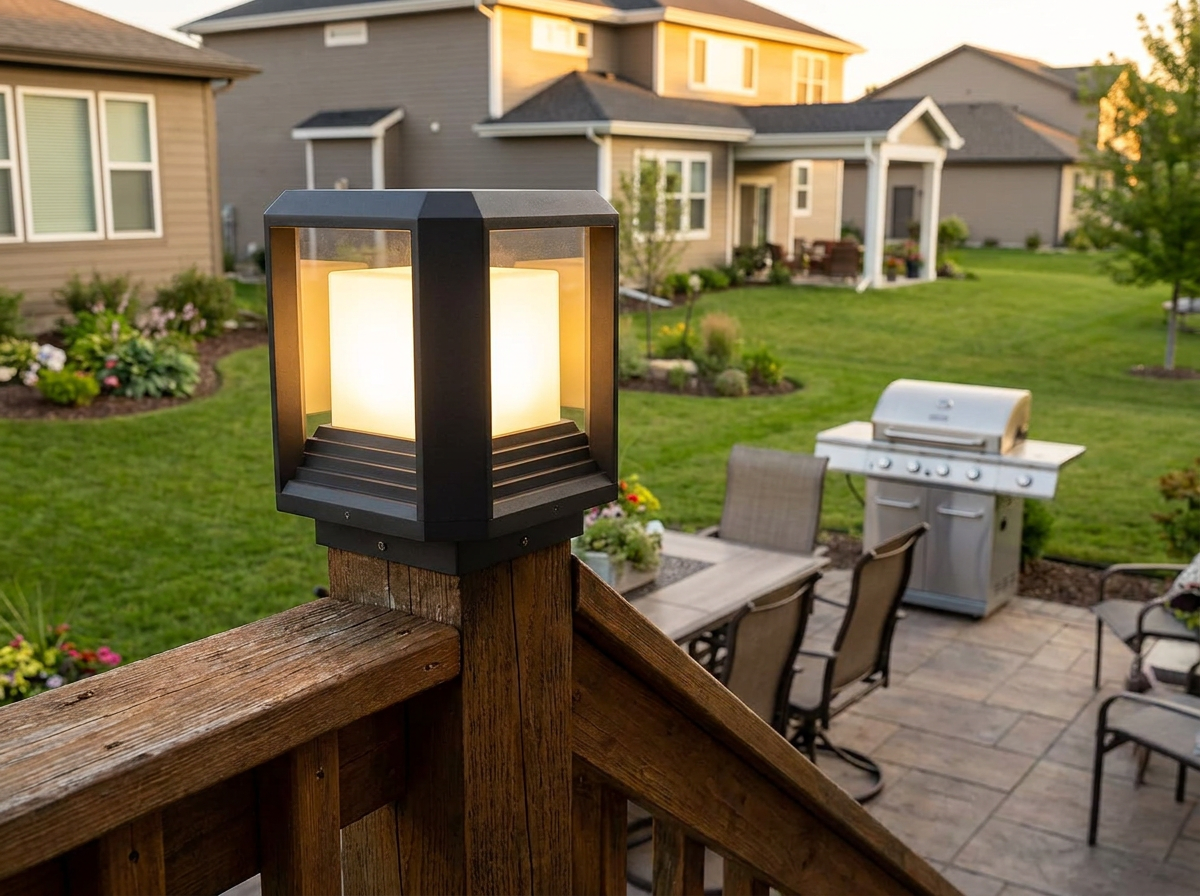 PLUSLED outdoor post light on a wooden deck railing overlooking a summer patio with BBQ grill