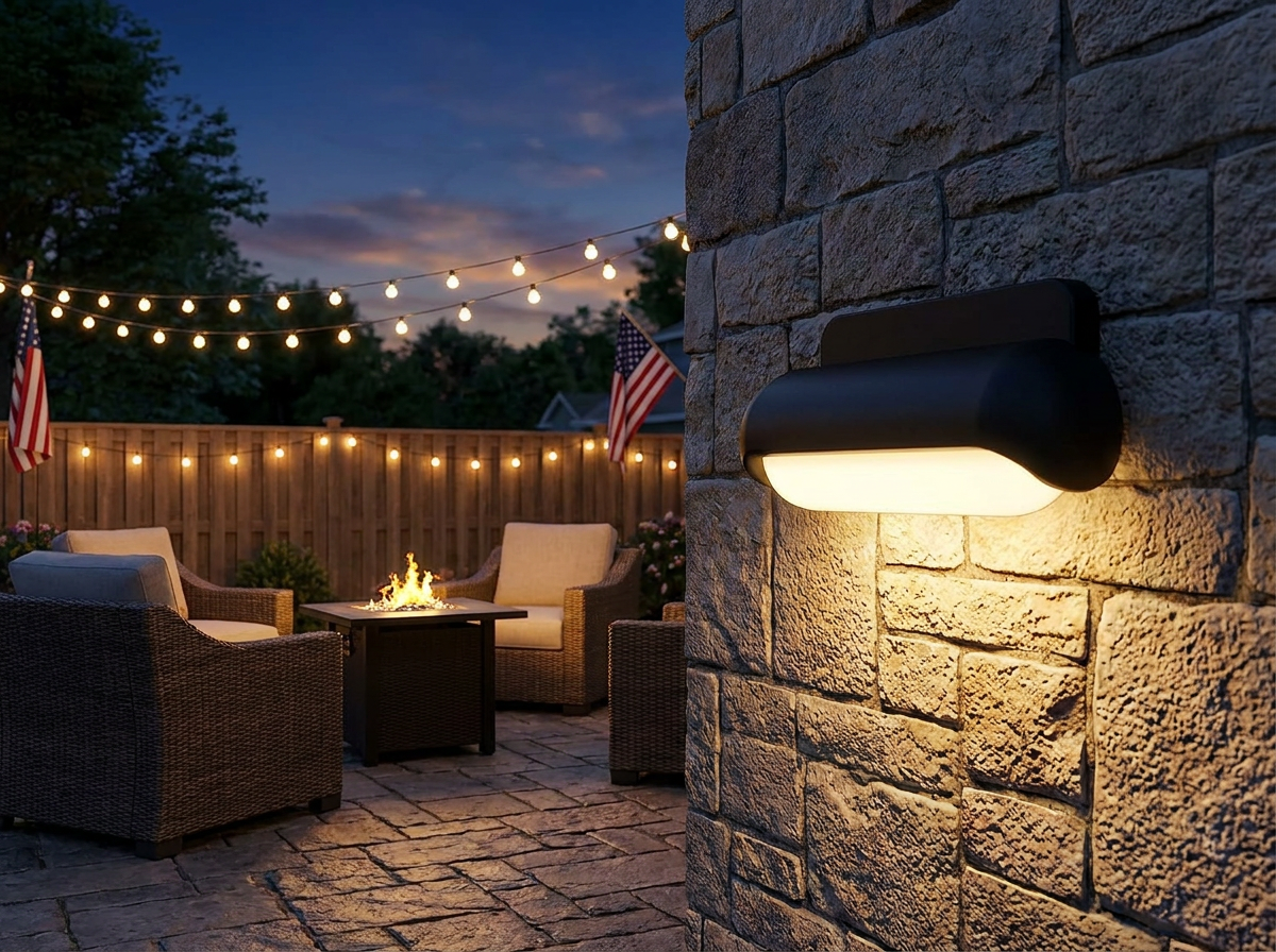 PLUSLED 13W 3000K modern wall sconce on a backyard patio wall during a July 4th summer evening