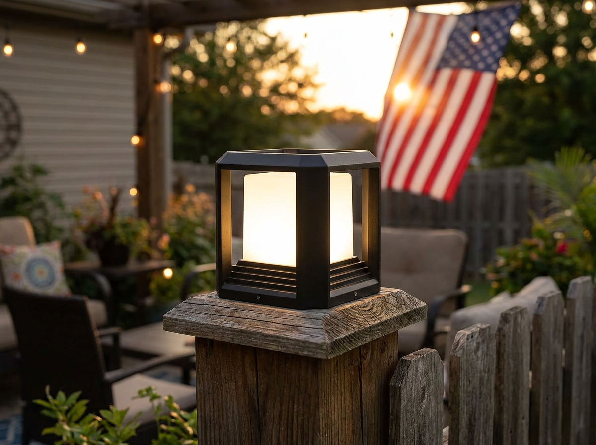 PLUSLED outdoor LED post light glowing warm 3000K on a wooden fence post column with American flag in soft background