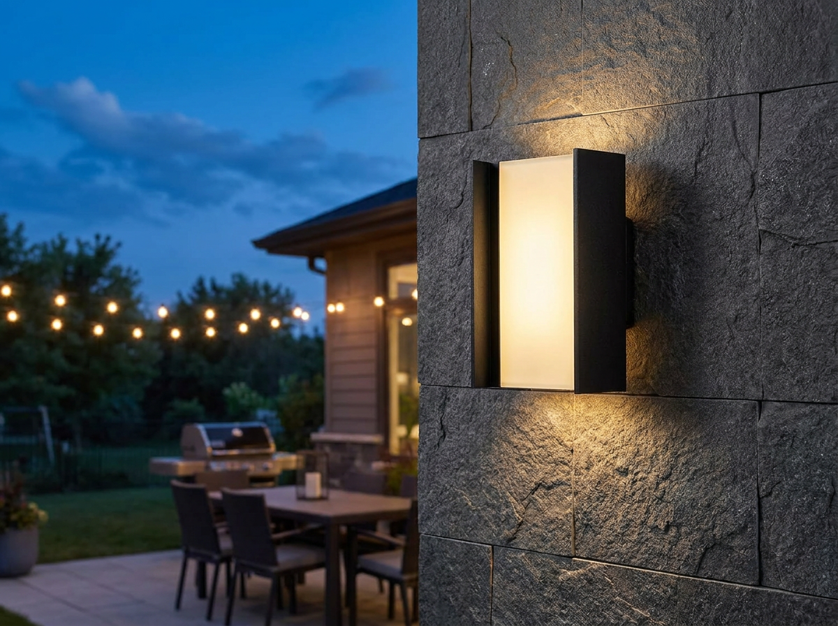 PLUSLED 20W up-down matte black outdoor wall sconce illuminating a backyard patio for a summer BBQ