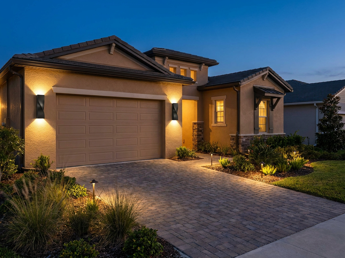 PLUSLED 15.75 inch black S-shape LED wall sconce mounted on a modern stucco garage exterior with up-down beam pattern