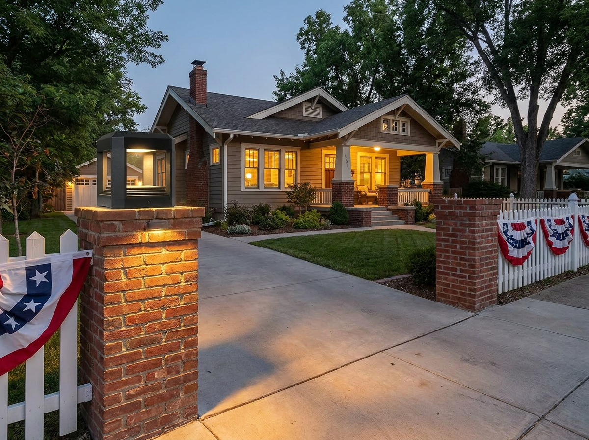 PLUSLED 5.94 inch hardwired LED pillar post light on a brick driveway column in a US neighborhood ahead of July 4th 2026