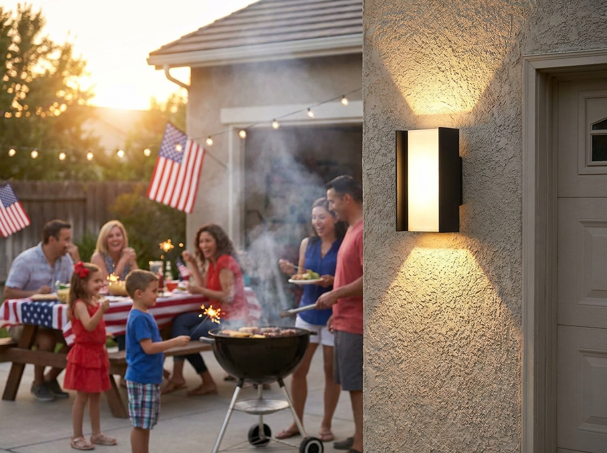 PLUSLED 20W matte black up-down outdoor LED wall sconce mounted on a suburban American garage wall during a Fourth of July evening backyard BBQ