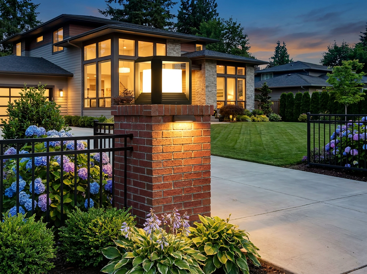 PLUSLED hardwired modern black LED pillar post light mounted on a brick driveway gate column at a modern American suburban home in summer