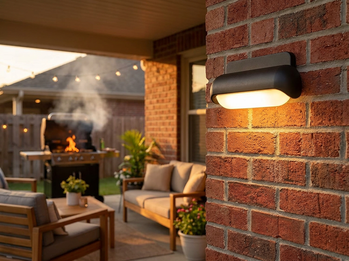 PLUSLED modern outdoor wall sconce mounted on a brick patio wall during an American summer BBQ