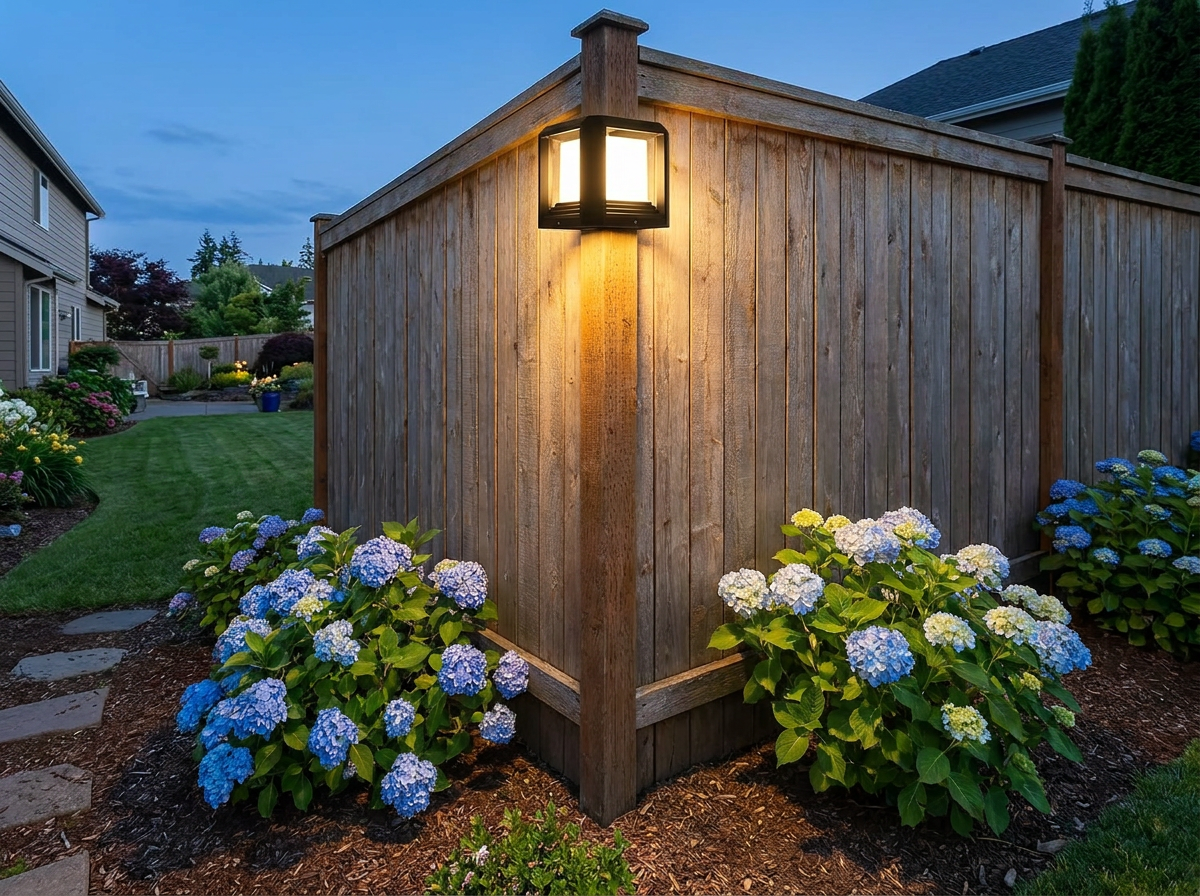 PLUSLED outdoor LED post light atop a 6x6 wooden privacy fence corner post in a manicured American backyard garden at twilight