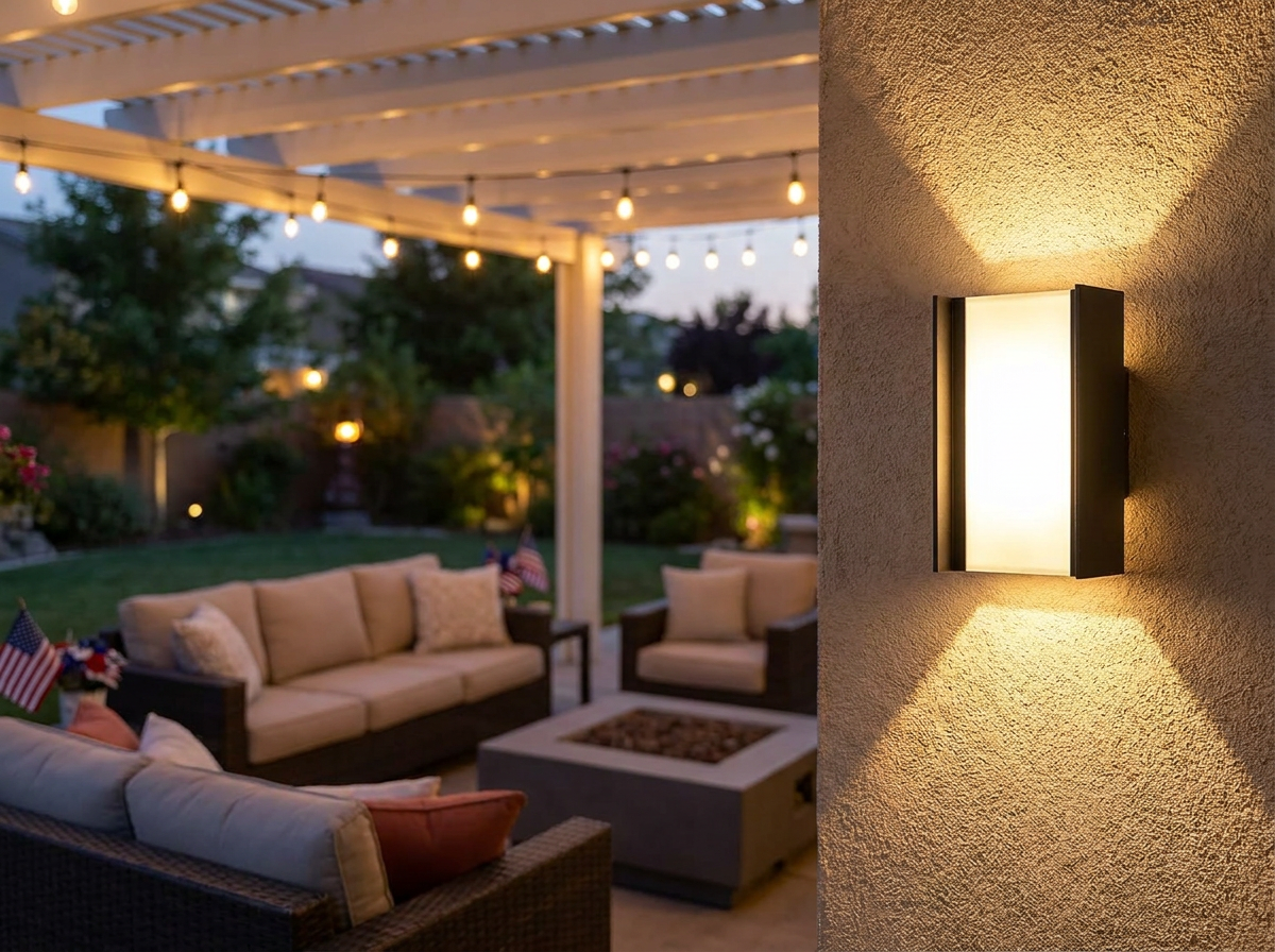 PLUSLED 20W up-down outdoor wall sconce on covered patio for July 4th 2026 entertaining