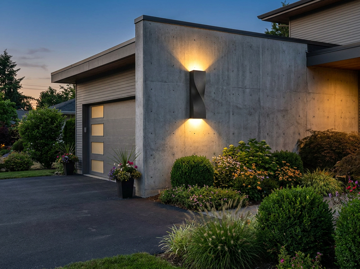 PLUSLED 15.75 inch black S-shape LED wall sconce on a modern American garage exterior at dusk