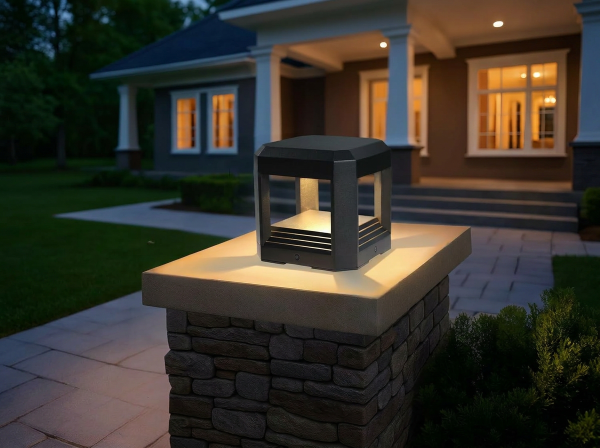 PLUSLED 5.94 inch outdoor LED pillar post light along American garden driveway at evening